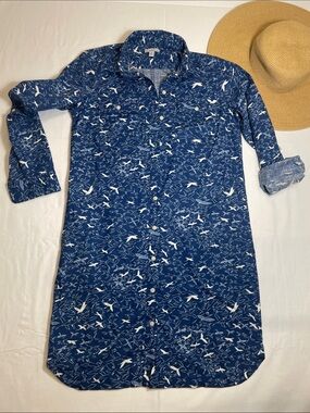 LL Bean Quality 💯 Cotton Shirt dress Navy Birds  luxury preppy  East coast XS